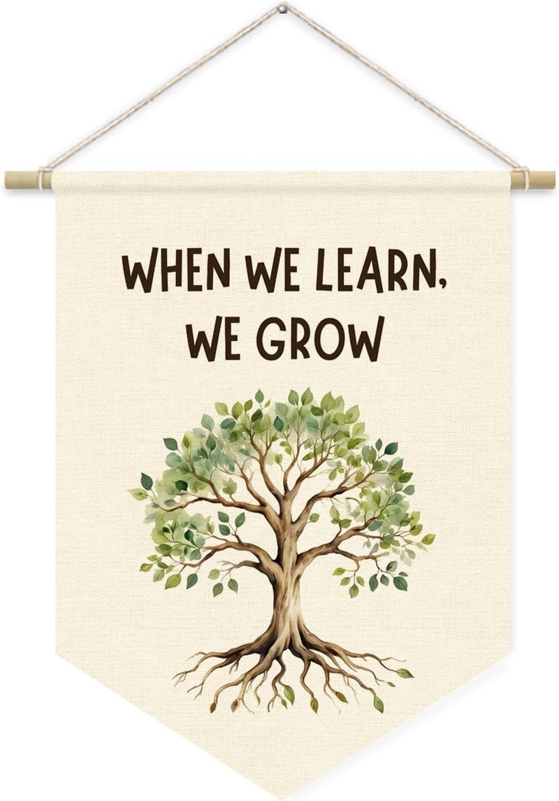 ETVISO Boho Classroom Decor, Positive Affirmations Green Wall Decor Canvas Banner, Greenery Plant Classroom When We Learn, We Grow, Wall Hanging Pennant Flag Banner 15x11in - Image 1